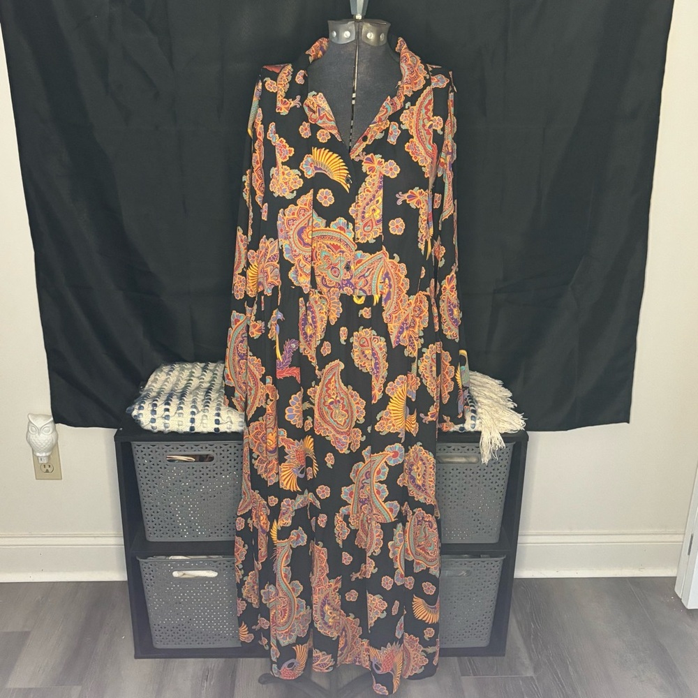 Monki Black Dress with Orange and Pink Paisley